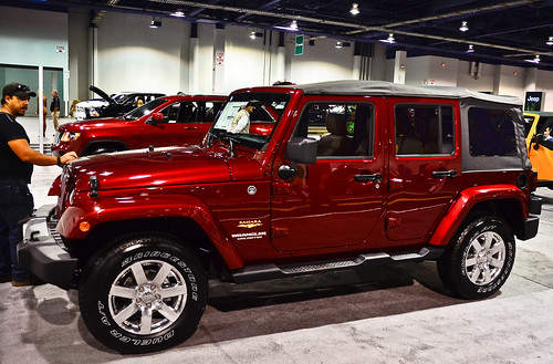 red Jeep Wrangler at auto show